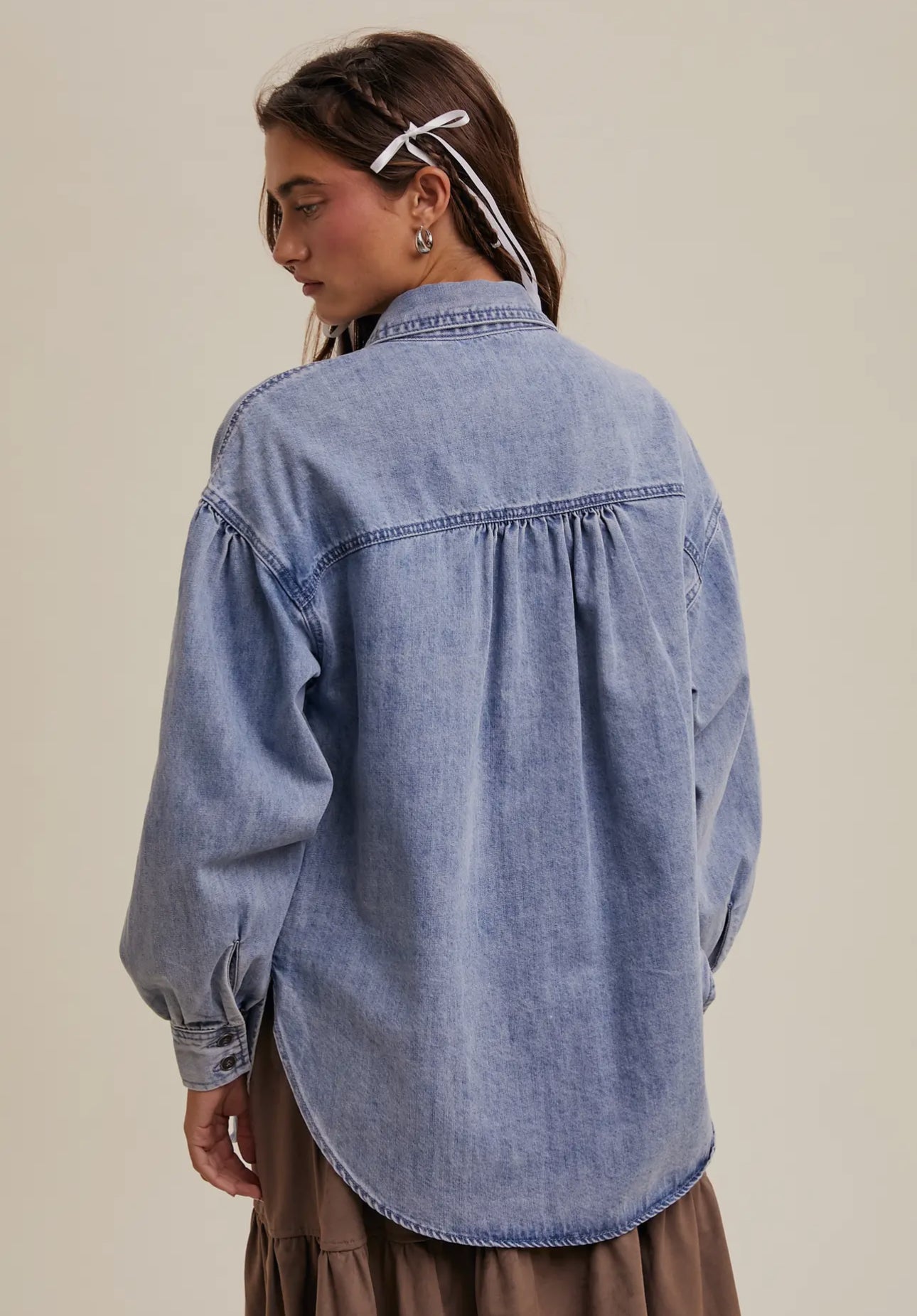 Heart Detail Oversized Denim Shirt
Light Denim