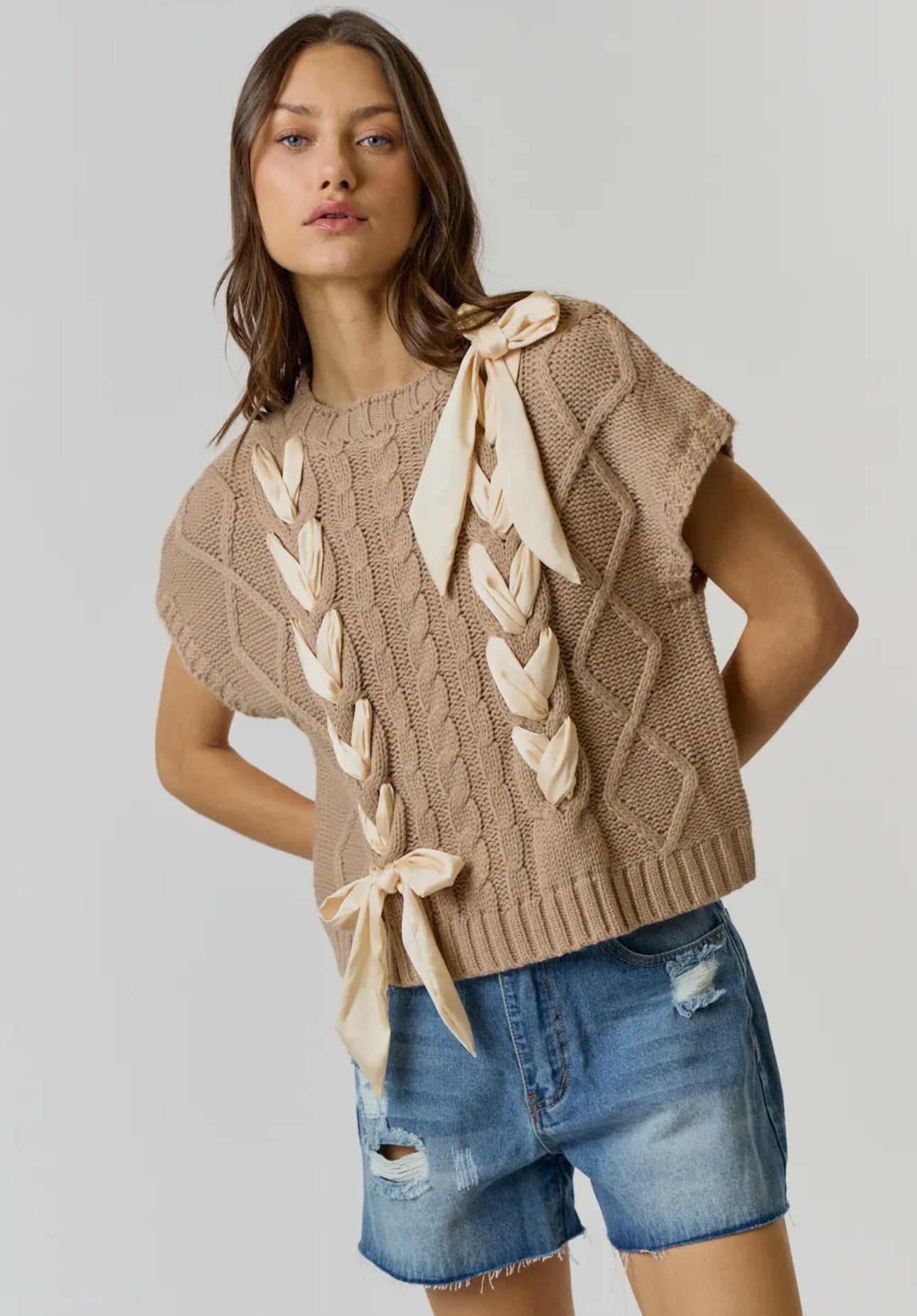 Satin Bow Cable Knit Sweater
Vest Top