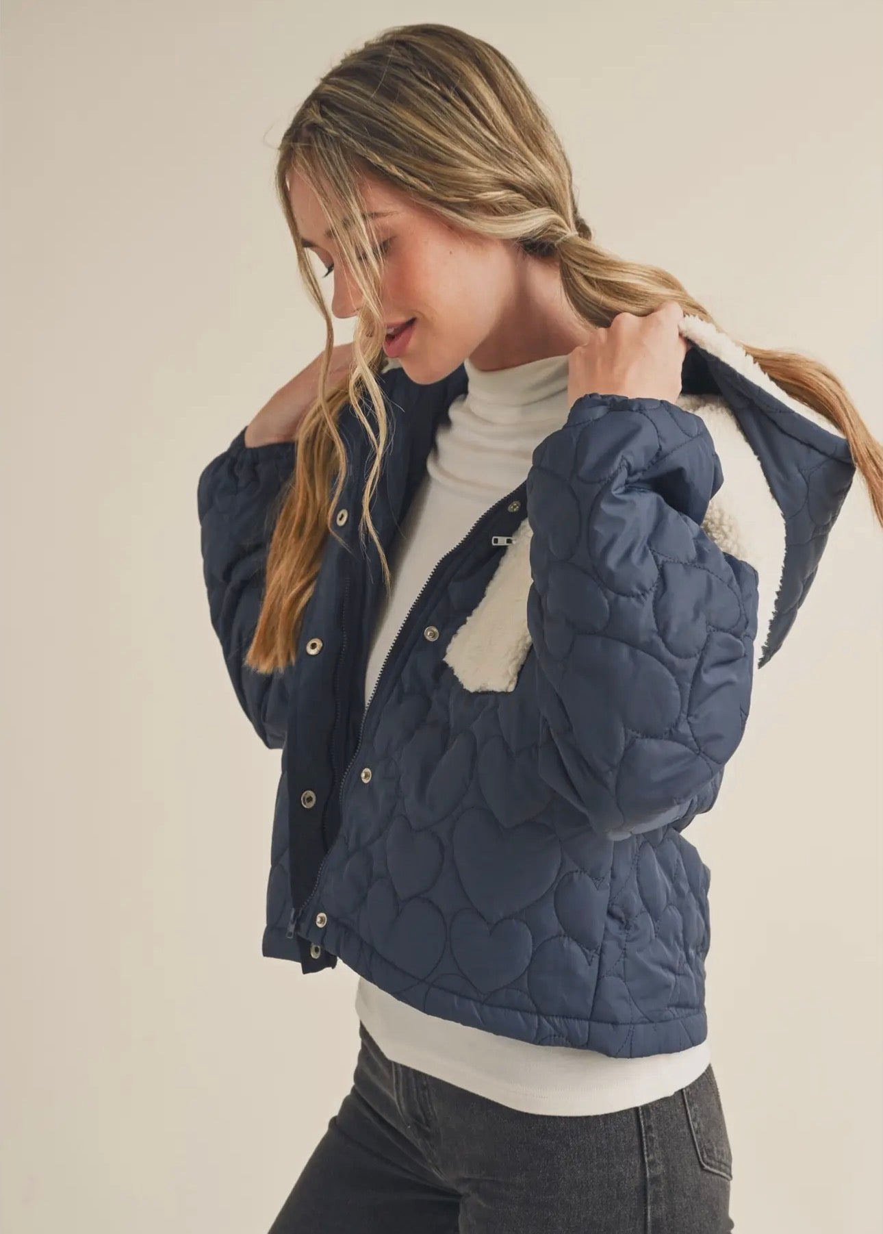 Mixed Heart Puff Jacket with
Hood