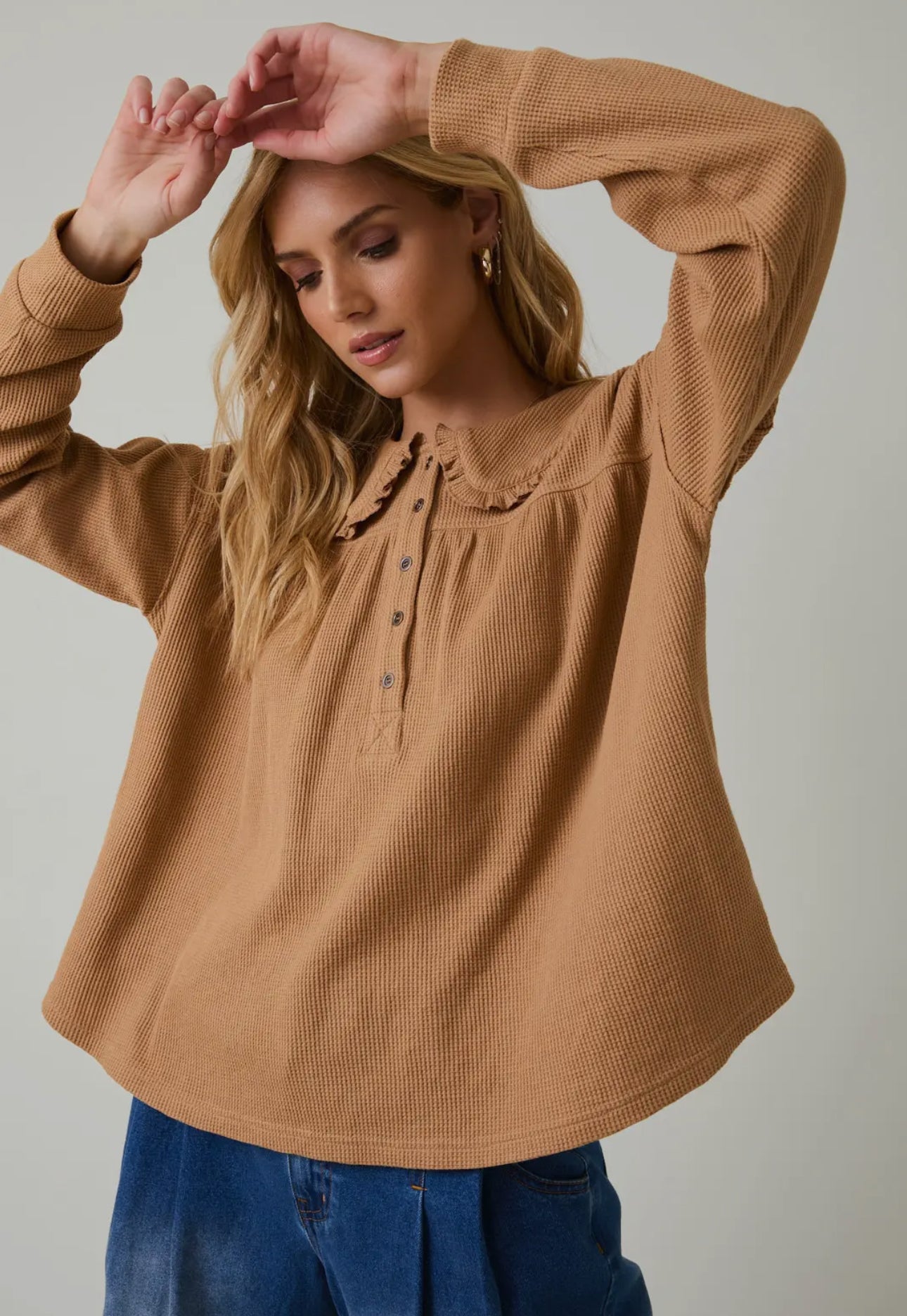 Peter Pan Collared Thermal Long Sleeve Button Up Top