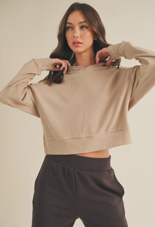 Taupe Soft Brushed Rib Crop Hoodie