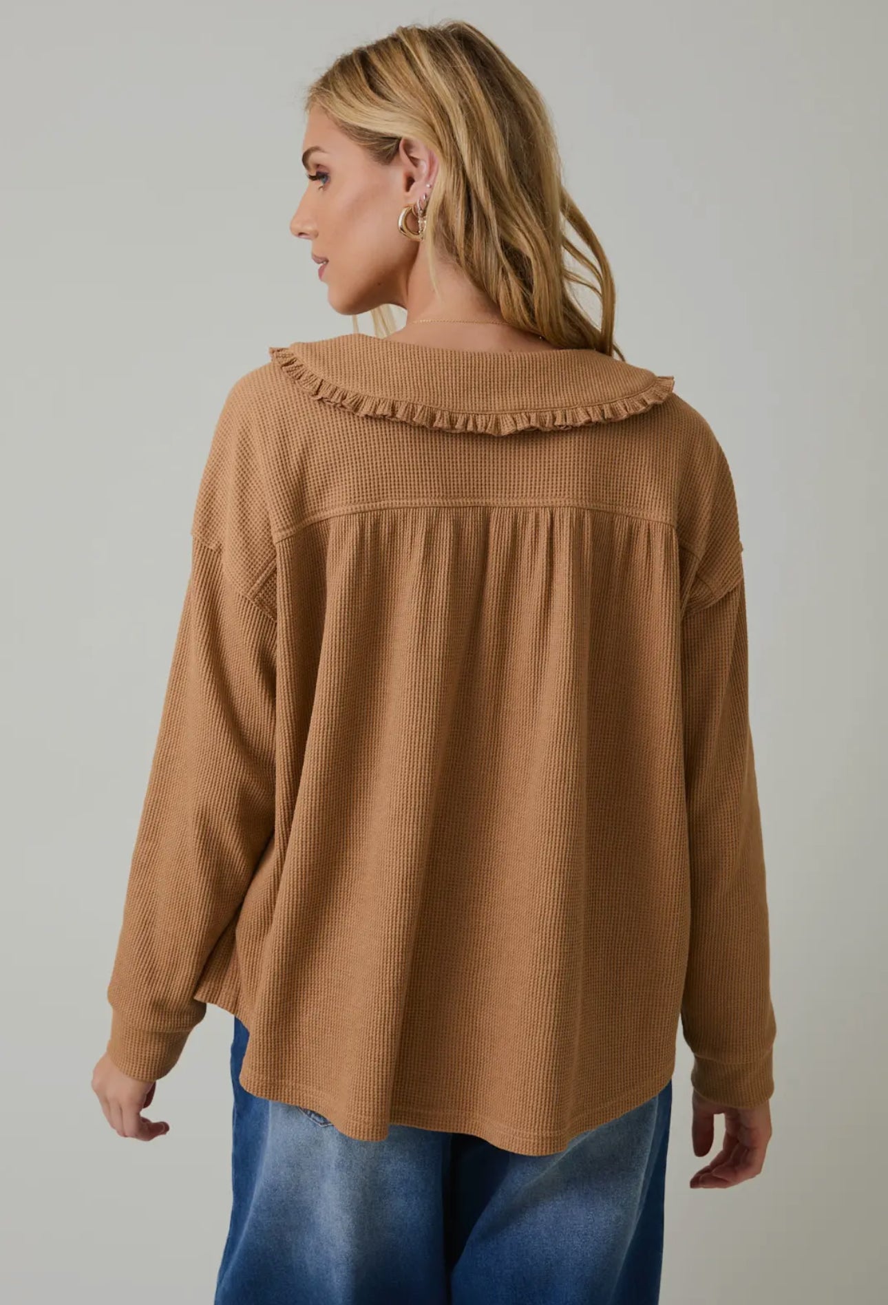 Peter Pan Collared Thermal Long Sleeve Button Up Top