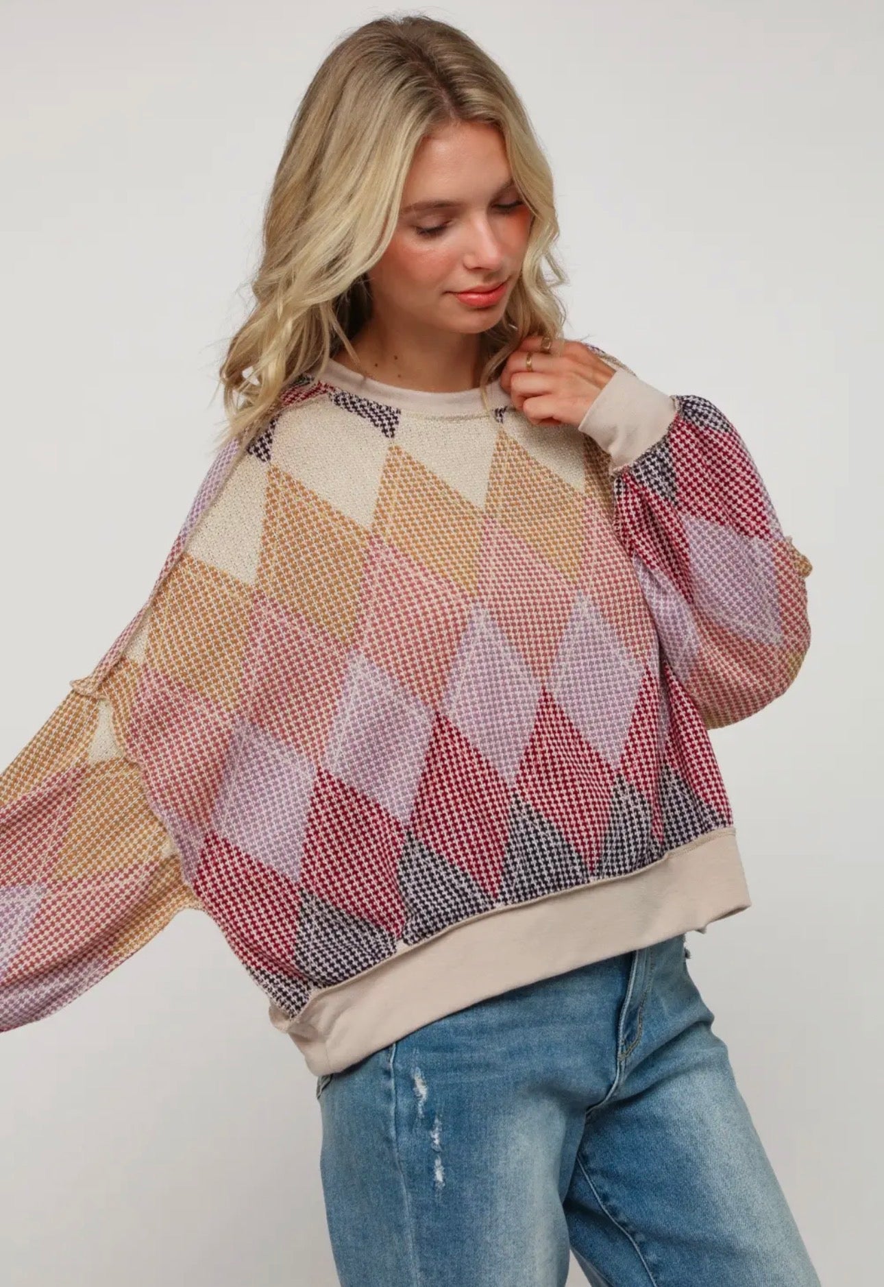 Argyle Print Oversized Long Sleeve
Top