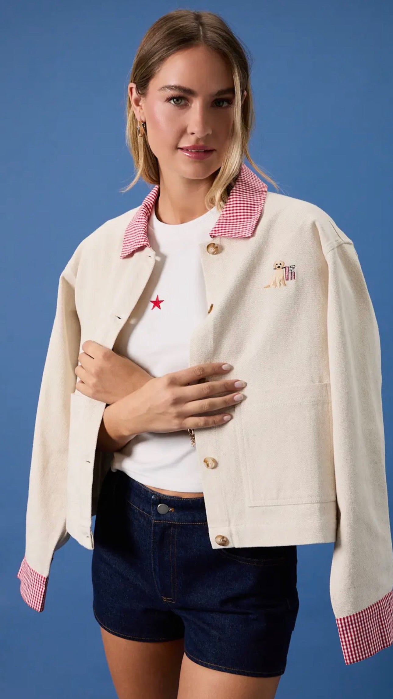 Denim Cropped Barn Jacket with Pockets and Dog Embroidery