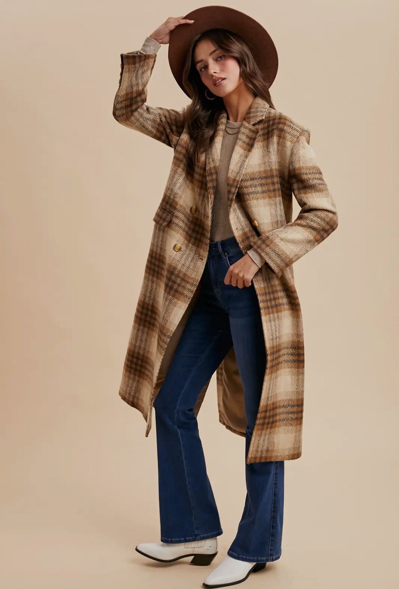 Fawn Plaid Longline Duster Coat