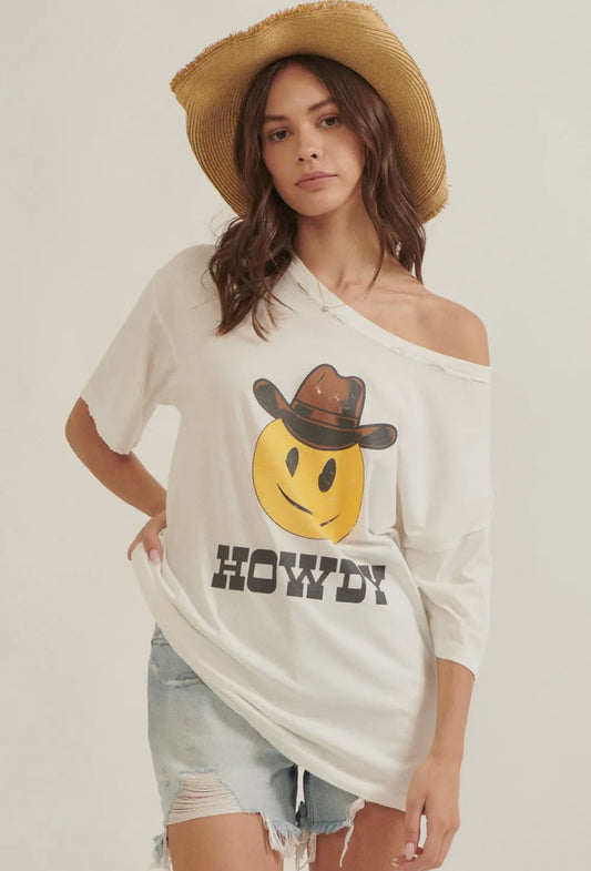 Howdy Smiley Face Oversized Distressed Western Graphic Tee
