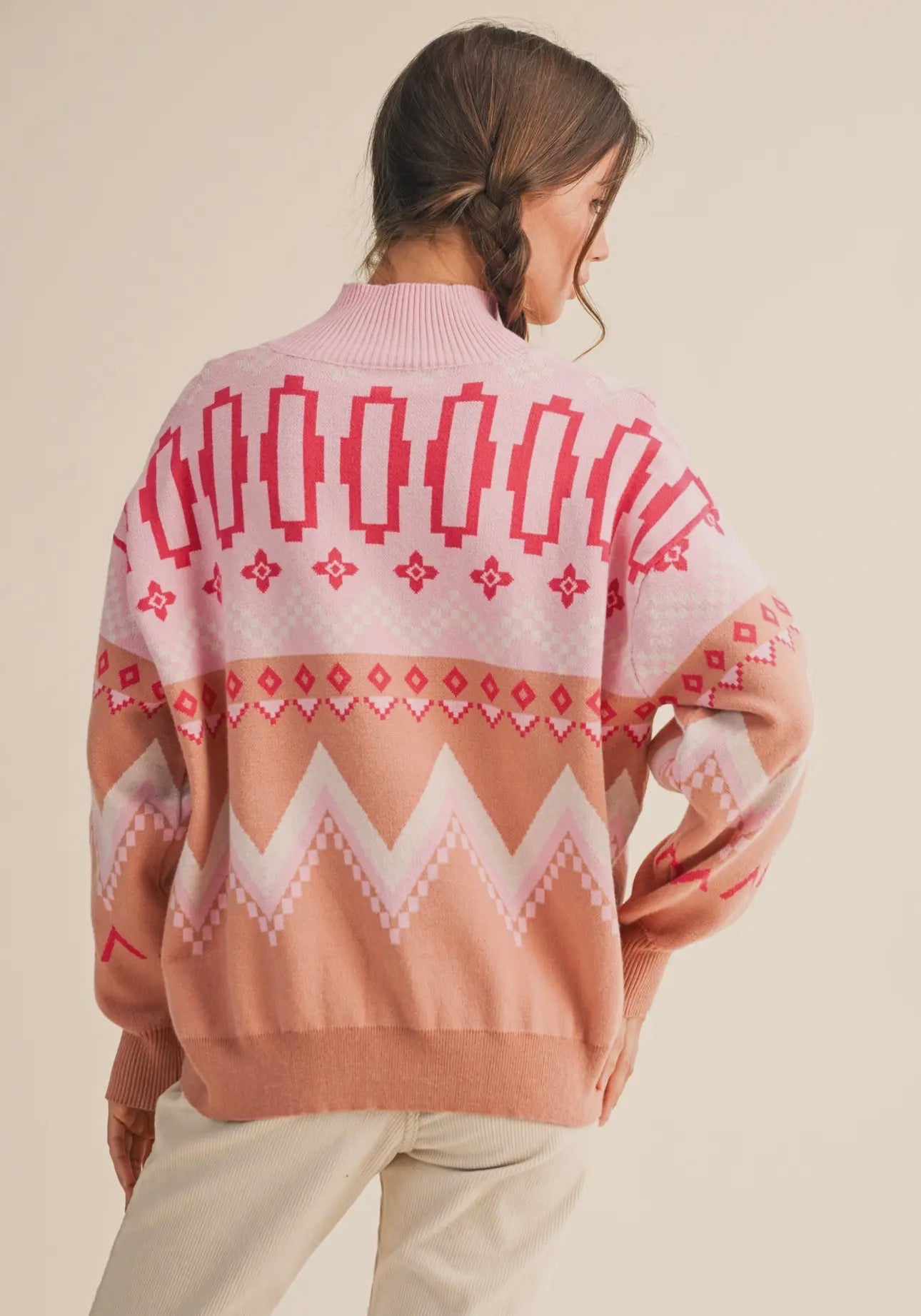 Geometric Knit Mock Neck Half Zip
Pullover Sweater