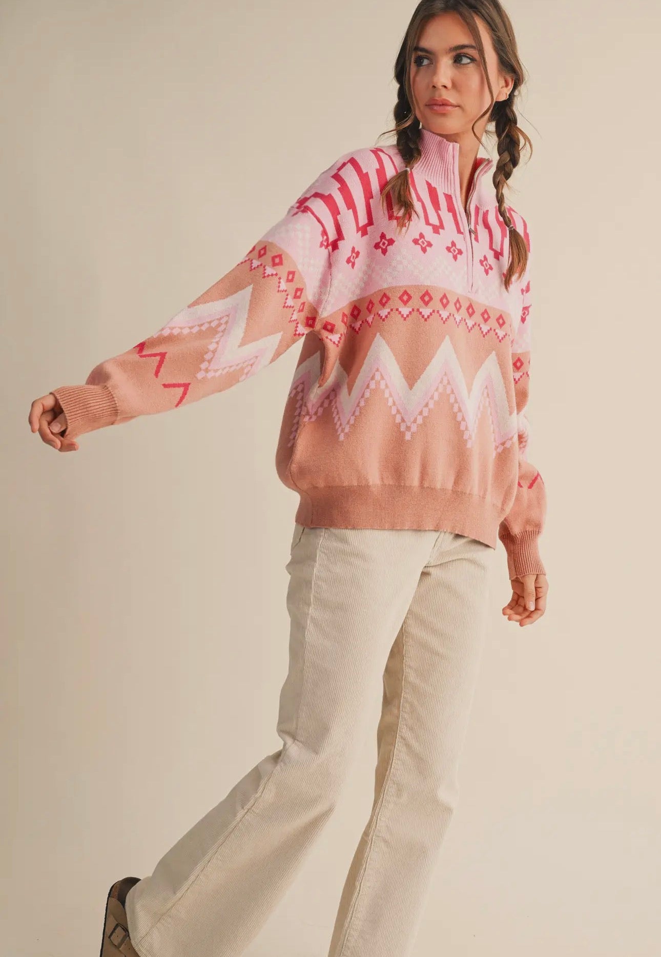 Geometric Knit Mock Neck Half Zip
Pullover Sweater