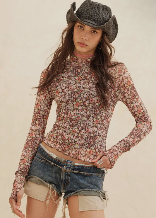 Floral Print Mesh Cropped Mock