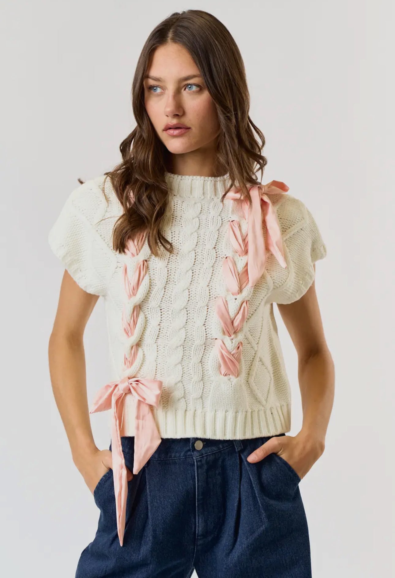 Satin Bow Cable Knit Sweater
Vest Top