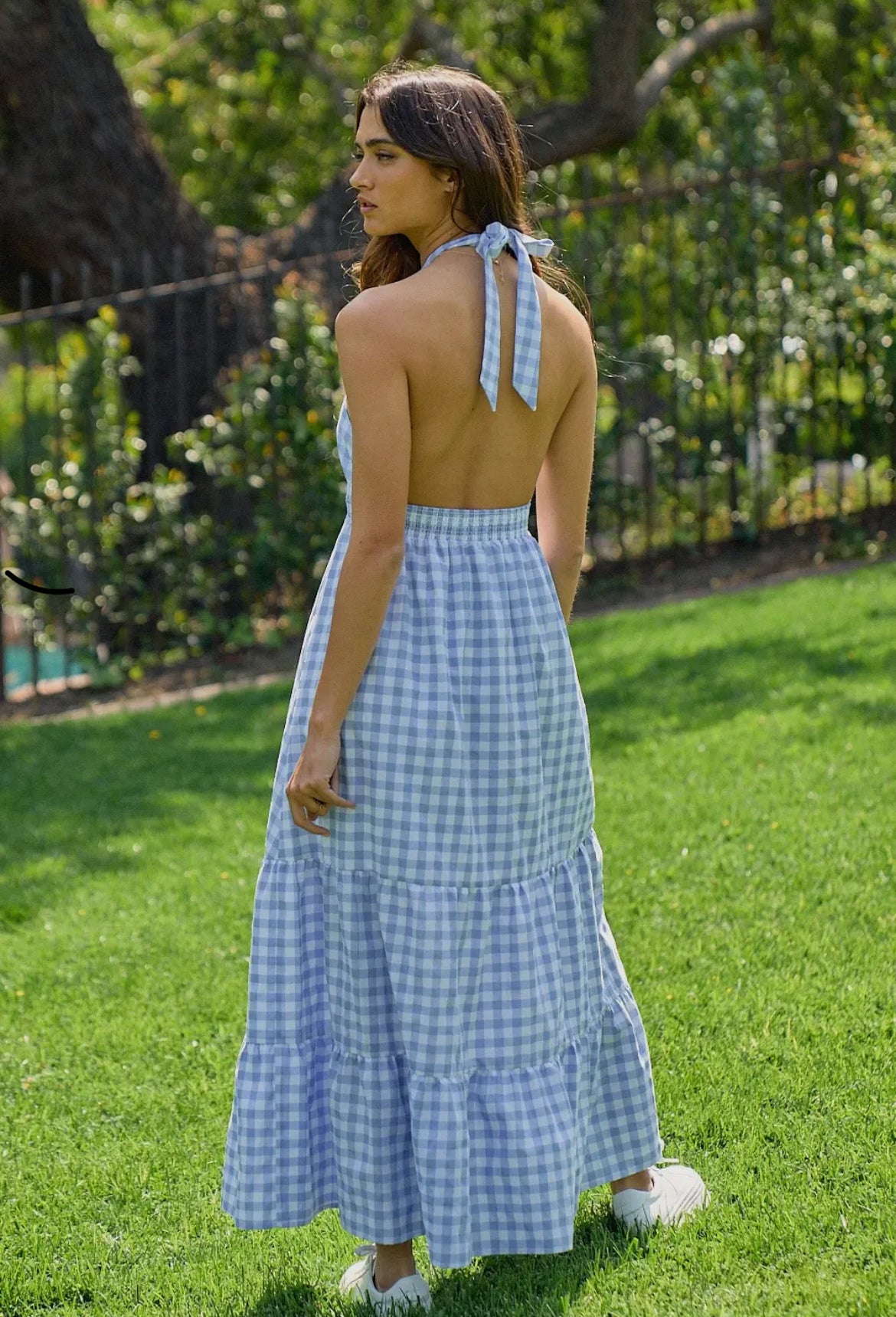 Ginger | Plaid Crossed Halter Open Back Maxi Dress